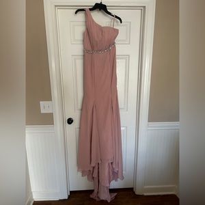 Dusty Rose chiffon prom dress with stoned waistline